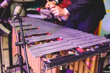 Ksilofon konser görüntüsü vibratör marimba çalar, tokmaklar davul sopaları, arka planda Latin orkestra müzik grubu sahne alacak.