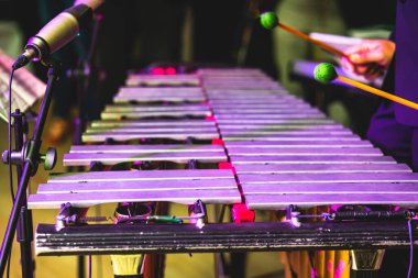Ksilofon konser görüntüsü vibratör marimba çalar, tokmaklar davul sopaları, arka planda Latin orkestra müzik grubu sahne alacak.