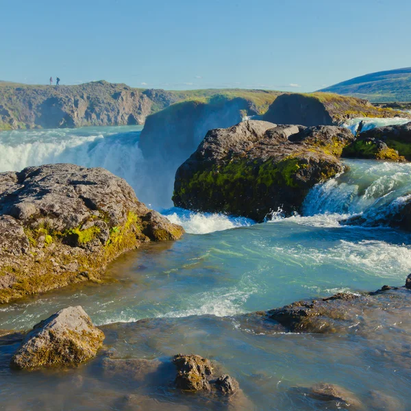 Beautiful vibrant panorama picture with a view on icelandic waterfall in iceland goddafoss gullfoss skogafoss skogarfoss dettifoss seljalandsfoss — Stock Photo, Image