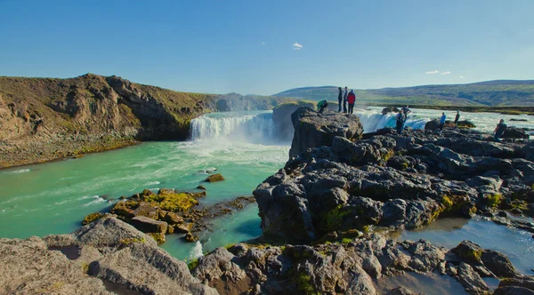 アイスランド アイスランド goddafoss グトルフォス スコウガ滝クヴォルスヴォールル dettifoss セリャラントスフォスの滝を望む美しい活気のあるパノラマ画像 ストック写真