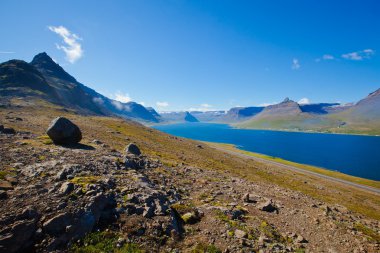 Güzel görünümü ile kırmızı evleri, İzlanda'daki şehir ve İzlanda fiyort Isafjordur gemiler ve yatlar, vestfirdir