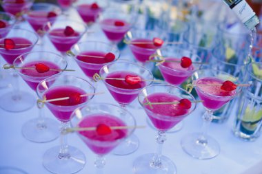 Açık Hava Partisi dekore edilmiş catering buket masada Noel partisi, tekila, martini, votka ve diğerleri üzerinde duman ile farklı renkli kokteyller güzel hat