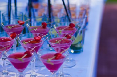 Açık Hava Partisi dekore edilmiş catering buket masada Noel partisi, tekila, martini, votka ve diğerleri üzerinde duman ile farklı renkli kokteyller güzel hat