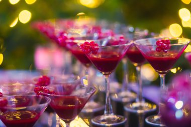 Açık Hava Partisi dekore edilmiş catering buket masada Noel partisi, tekila, martini, votka ve diğerleri üzerinde duman ile farklı renkli kokteyller güzel hat