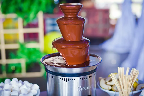 Vibrant Picture of Chocolate Fountain Fontain on childen kids birthday party with a kids playing around and marshmallows and fruits dip dipping into fountain — Stock Photo, Image