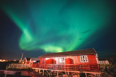 Büyük alacalı güzel resmini canlı Aurora Borealis, Aurora Polaris, Ayrıca biliyorum Kuzey ışıkları gece gökyüzünde olarak Norveç, Lofoten Adaları