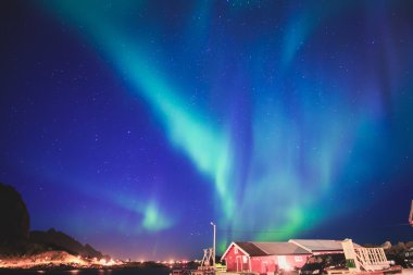 Büyük alacalı güzel resmini canlı Aurora Borealis, Aurora Polaris, Ayrıca biliyorum Kuzey ışıkları gece gökyüzünde olarak Norveç, Lofoten Adaları