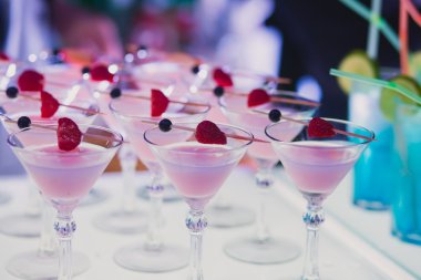 Güzel satır satır farklı renkli alkol kokteyller ile dekore edilmiş catering buket masada açık hava olay üzerinde Noel partisi, martini, votka ve diğerleri nane