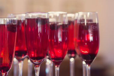 Güzel satır satır farklı renkli alkol kokteyller ile dekore edilmiş catering buket masada açık hava olay üzerinde Noel partisi, martini, votka ve diğerleri nane