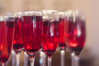 Güzel satır satır farklı renkli alkol kokteyller ile dekore edilmiş catering buket masada açık hava olay üzerinde Noel partisi, martini, votka ve diğerleri nane