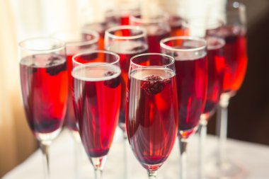 Güzel satır satır farklı renkli alkol kokteyller ile dekore edilmiş catering buket masada açık hava olay üzerinde Noel partisi, martini, votka ve diğerleri nane