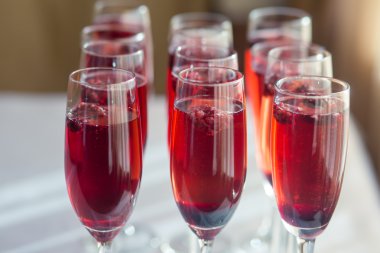 Güzel satır satır farklı renkli alkol kokteyller ile dekore edilmiş catering buket masada açık hava olay üzerinde Noel partisi, martini, votka ve diğerleri nane