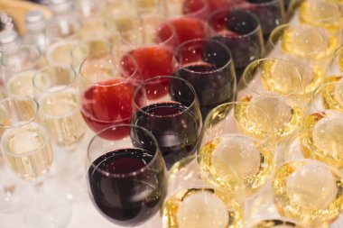 Güzel satır satır farklı renkli alkol kokteyller bir Noel partisi, martini, votka ve diğer nane ile catering buket masada açık hava olay, resim güzel bokeh ile dekore edilmiştir.