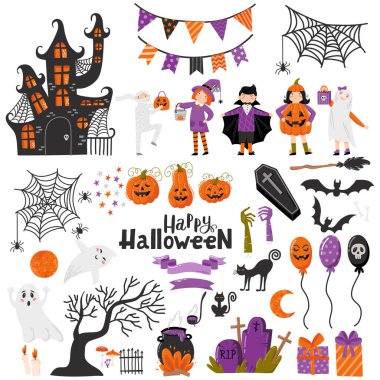Çizgi film Cadılar Bayramı set vektörü. Cadılar Bayramı Çizimleri Tasarım Elementleri Vektör Kümesi. Cadılar Bayramı karakterleri kostümler, balkabakları, tatlılar, kurdeleler ve perili bir ev