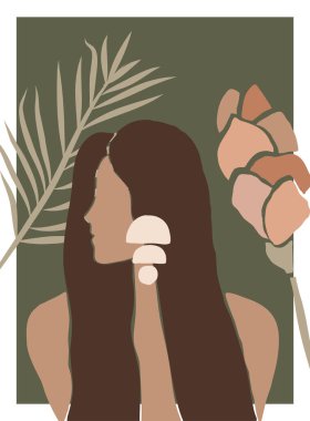 Kadın şekli, tropikal arka planda siluet. Pastel renklerde soyut kadın portresi. asgari biçim