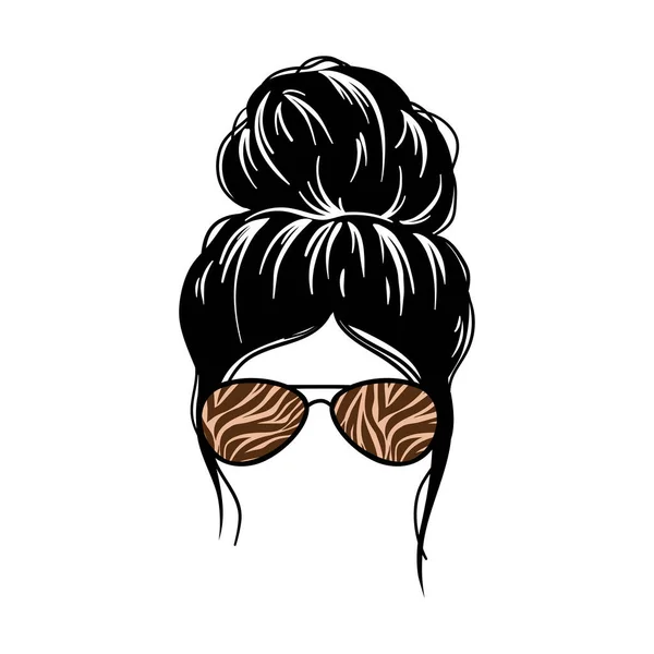 Woman face with messy hair in a bun and long eyelashes. Mom life cutfile. vector illustration — 图库矢量图片