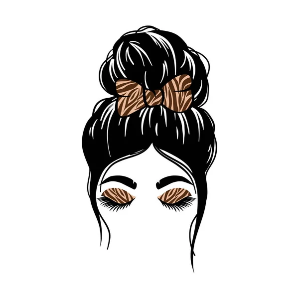 Woman face with messy hair in a bun and long eyelashes. Mom life cutfile. vector illustration — 图库矢量图片