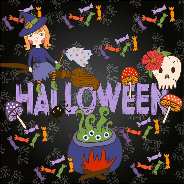 Bright postcard on Halloween in cartoon style. vector — Stock Vector