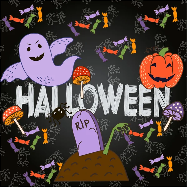 Bright postcard on Halloween in cartoon style. vector — Stock Vector