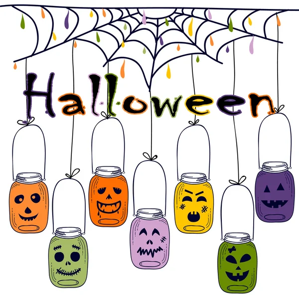 Leuchtende Postkarte zu Halloween im Cartoon-Stil. Vektor — Stockvektor