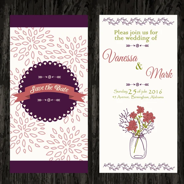 Hochzeitseinladung im Vintage-Stil. helle Retro-Ornamente sind perfekt für das originelle Design von Hochzeitskarten, Einladungen zu einer Party oder einer Grußkarte. Vektor — Stockvektor