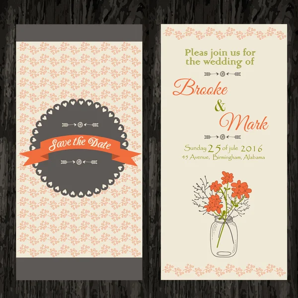 ビンテージ スタイルの結婚式の招待状。明るいレトロ髪飾り結婚式カード、パーティーやグリーティング カードへの招待状のオリジナル デザインに最適です。ベクトル — ストックベクタ