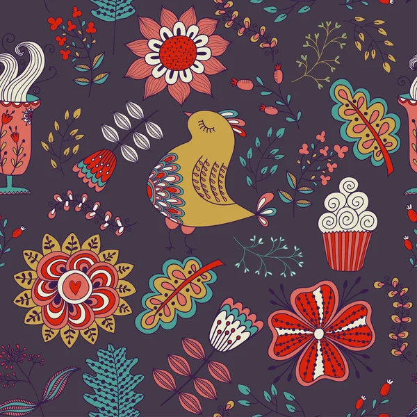 花や鳥のパターン — ストックベクタ
