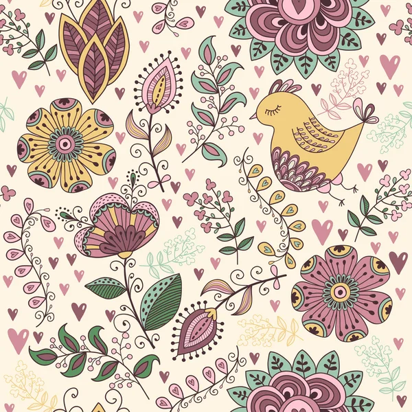 Nahtloses Muster mit Blumen und Vögeln — Stockvektor
