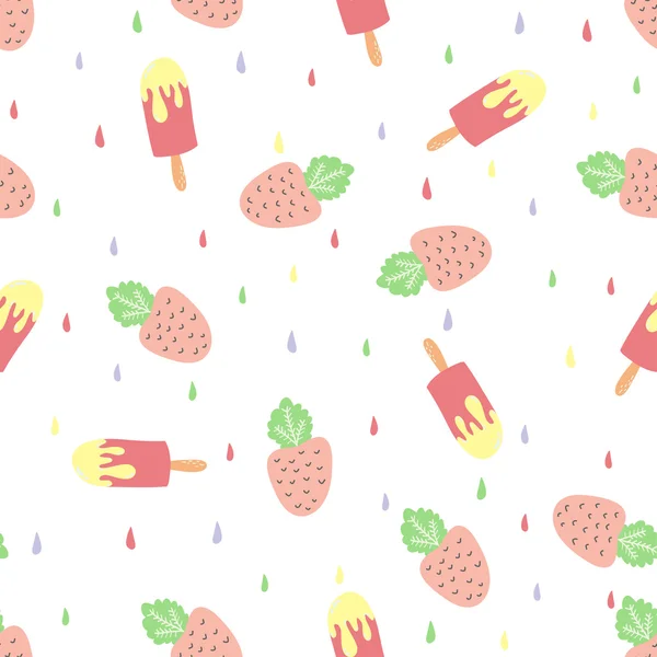 Seamless pattern with strawberries and ice cream — Stok Vektör