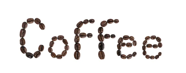 Słowo do kawy wykonany z ziaren kawy — Zdjęcie stockowe
