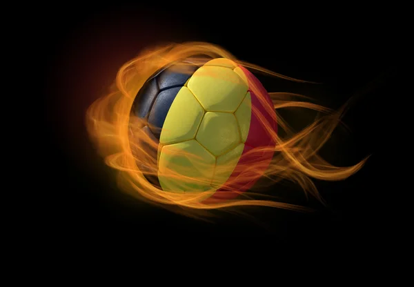 Fußball mit der belgischen Nationalflagge, die eine Flamme bildet. — Stockfoto