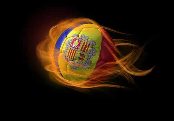 Soccer ball with the national flag of Andorra, making a flame. — Stock Photo, Image