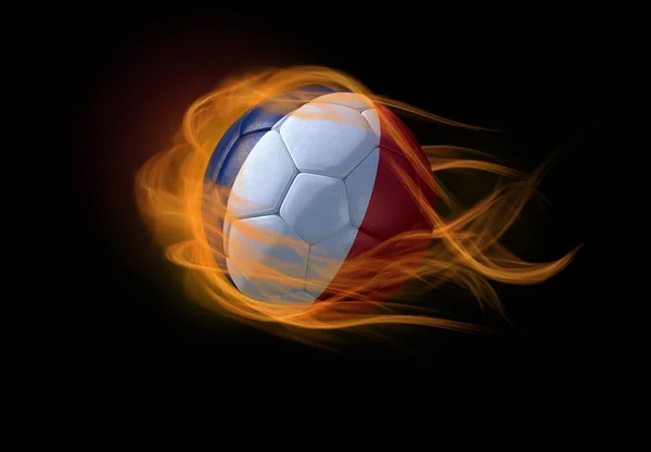 Balón de fútbol con la bandera nacional de Francia, haciendo una llama . — Foto de Stock