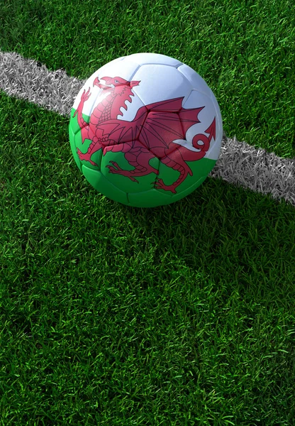 Voetbal en de nationale vlag van Wales, groen gras — Stockfoto