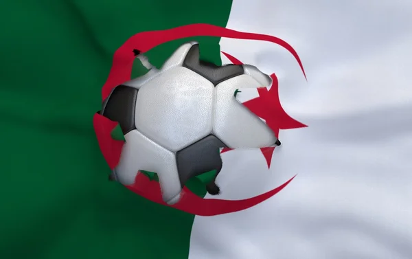 The hole in the flag of Algeria and soccer ball — Stock Photo, Image