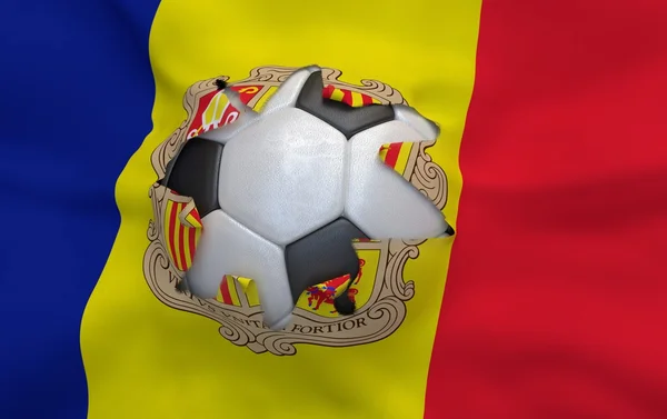 El hoyo en la bandera de Andorra y la pelota de fútbol — Foto de Stock