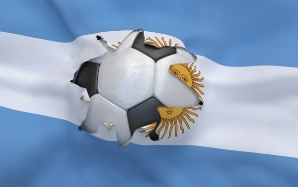 The hole in the flag of Argentina and soccer ball — Stock Photo, Image