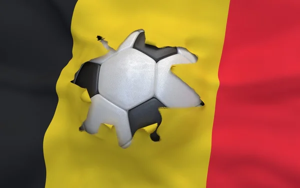 The hole in the flag of Belgium and soccer ball — Stock Photo, Image