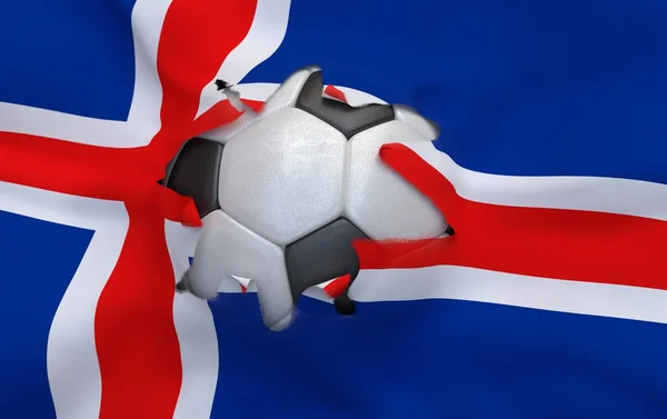 The hole in the flag of Iceland and soccer ball — Stock Photo, Image