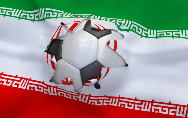 The hole in the flag of Iran and soccer ball — Stock Photo, Image