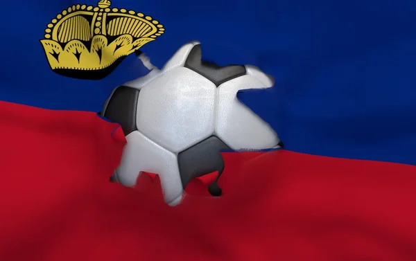 El hoyo en la bandera de Liechtenstein y la pelota de fútbol — Foto de Stock