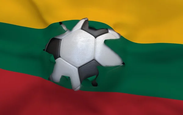 Le trou dans le drapeau de la Lituanie et le ballon de football — Photo