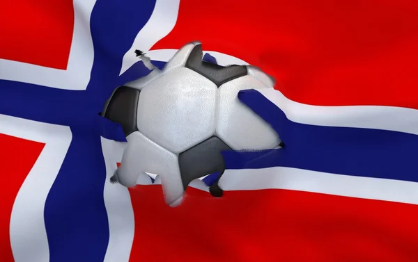 Дыра в флаге Норвегии и футбольный мяч — стоковое фото