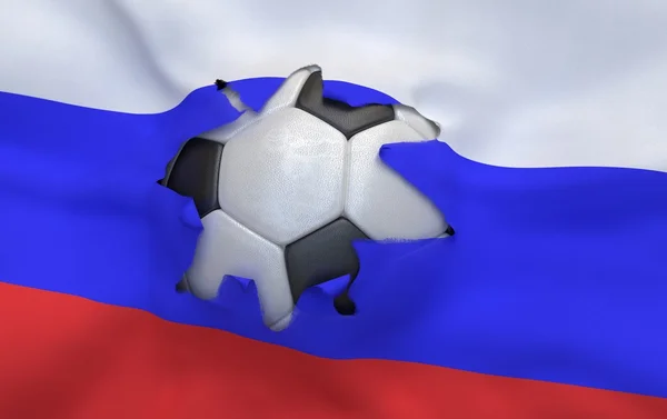 The hole in the flag of Russia and soccer ball — Stock Photo, Image