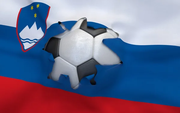 The hole in the flag of Slovenia and soccer ball — Stock Photo, Image