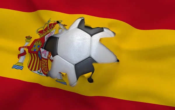 The hole in the flag of Spain and soccer ball — Stock Photo, Image