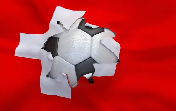 The hole in the flag of Switzerland and soccer ball — Stock Photo, Image