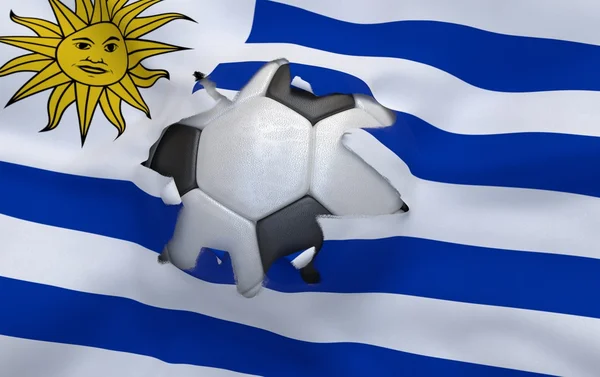 The hole in the flag of Uruguay and soccer ball — Stock Photo, Image