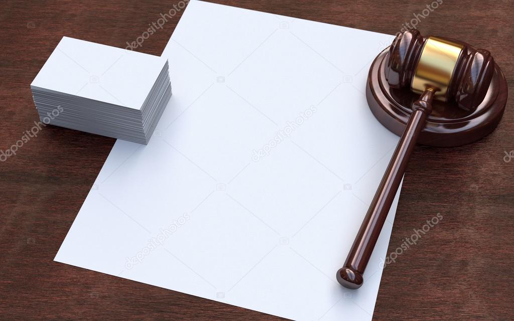 Judge gavel, white paper and business cards