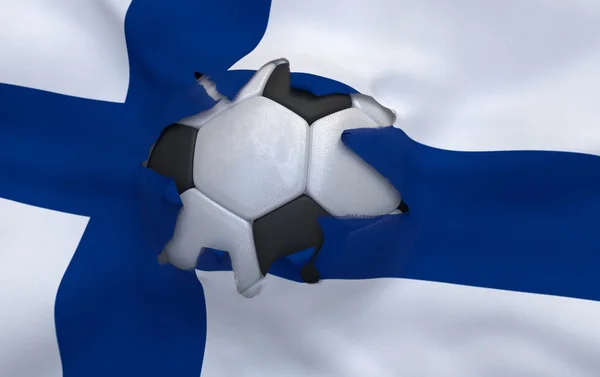 O buraco na bandeira da Finlândia e bola de futebol — Fotografia de Stock